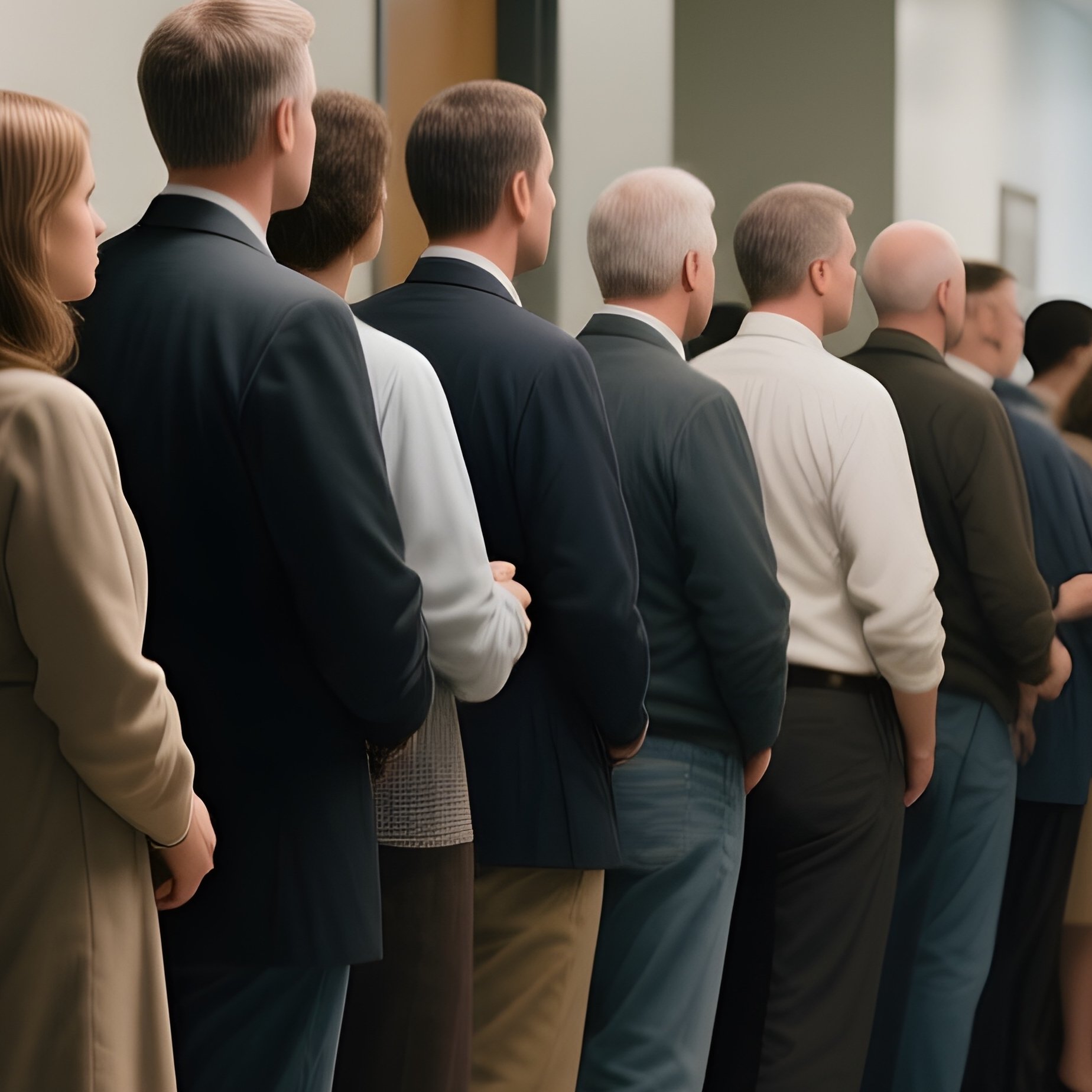 The Queue: A Long Line Of People Standing In A Hallway With Linoleum Floors, Waiting For The Office To Open, Lit By Harsh Fluorescent Ceiling Lights. - Full Resolution Quality Preview