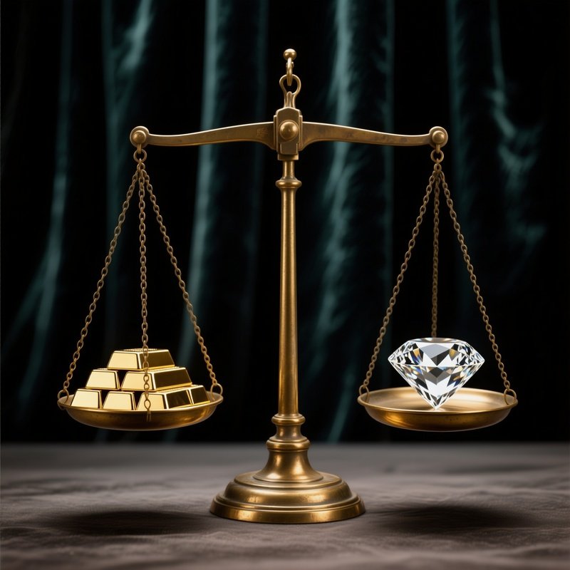 The Scale: An Antique Brass Weighing Scale With Gold Bars On One Side And A Large Diamond On The Other, Perfectly Balanced, Set Against A Dark Velvet Background.