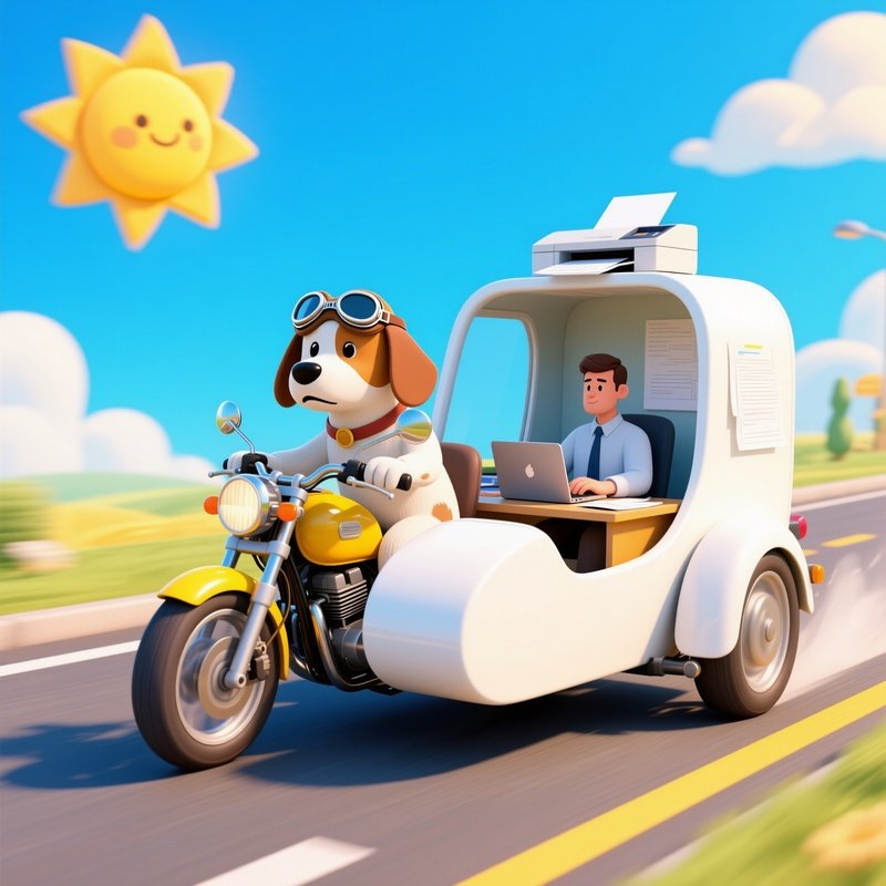 The Sidecar Setup A Motorcycle Sidecar Converted Into A Full Office With A Printer Driven By A Dog In Goggles While The Human Works