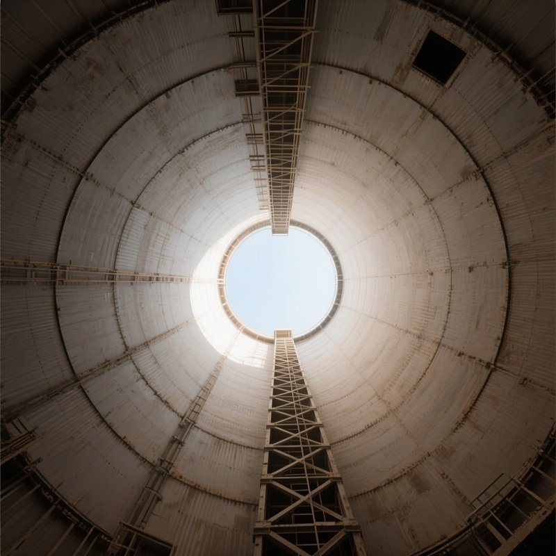 The Silo: Looking Up From The Bottom Of An Empty, Towering Grain Silo. The Circle Of Light At The Top Looks Tiny.