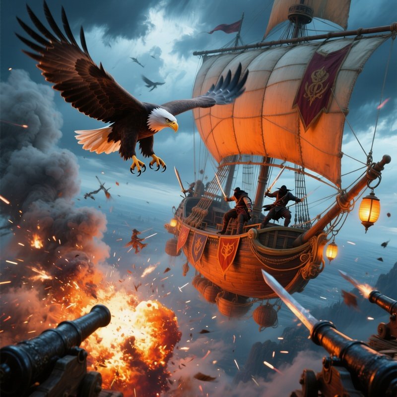 The Sky Pirate Boarding Giant Eagles Ridden By Bandits Attack The Partys Airship