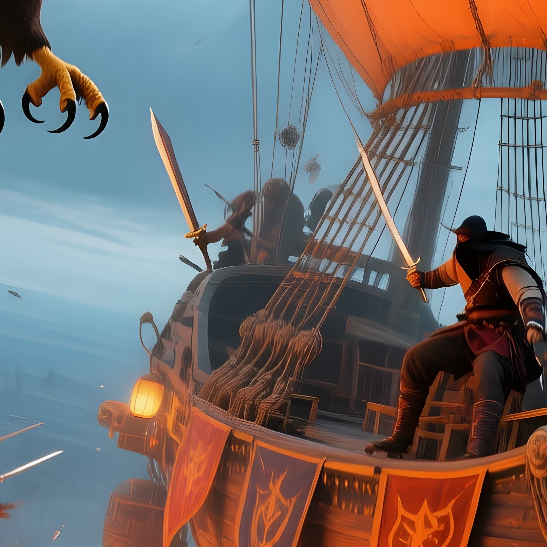 The Sky Pirate Boarding Giant Eagles Ridden By Bandits Attack The Partys Airship - Full Resolution Quality Preview