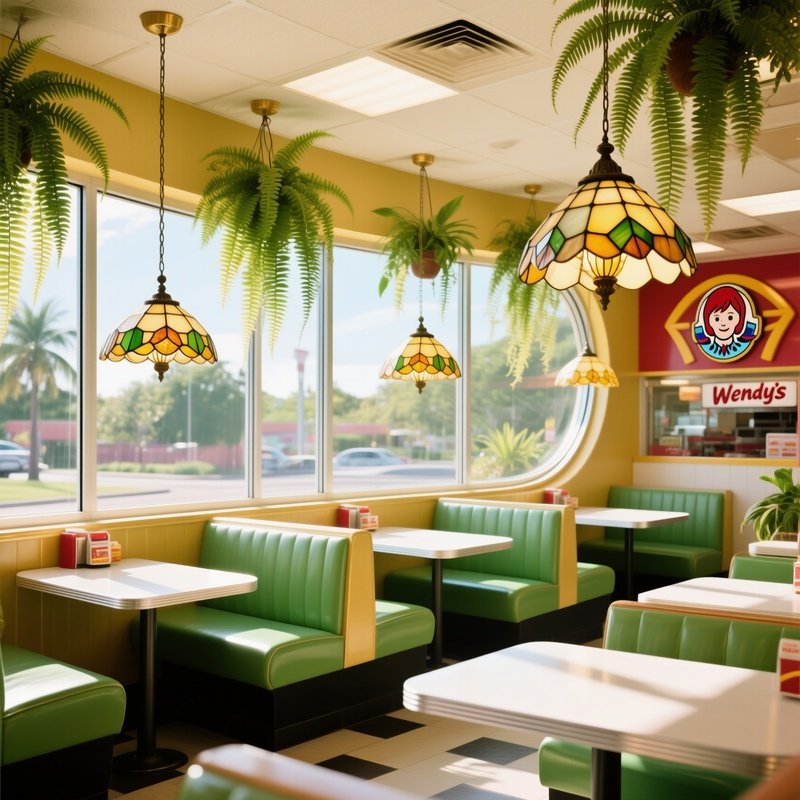 The Solarium A Sun Drenched Solarium Seating Area In A Wendys With Curved Glass Windows Hanging Fern Plants And Fake Tiffany Lamps Over The Tables