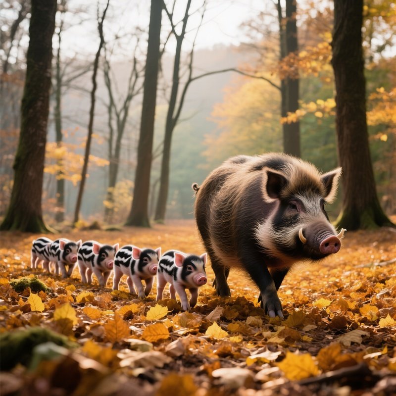 The Sounder In Autumn A Matriarch Sow Leading A Line Of Striped Piglets Through A Forest Floor Covered In Golden Beech Leaves
