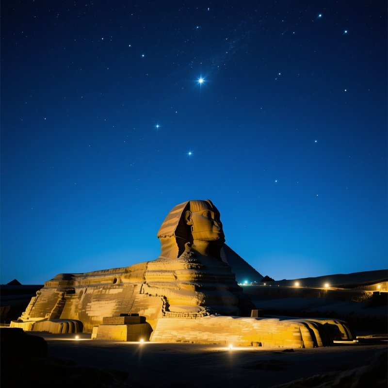 The Sphinx Under A Starry Night Sky Illuminated By Soft Artificial Lights