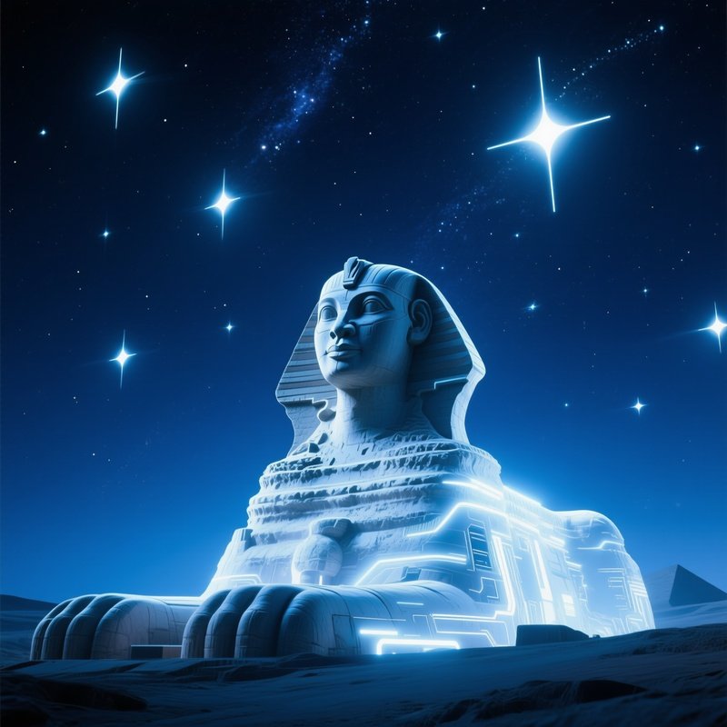 The Sphinx Under A Starry Night Sky Illuminated By Soft Artificial Lights Fantasy Science Fiction