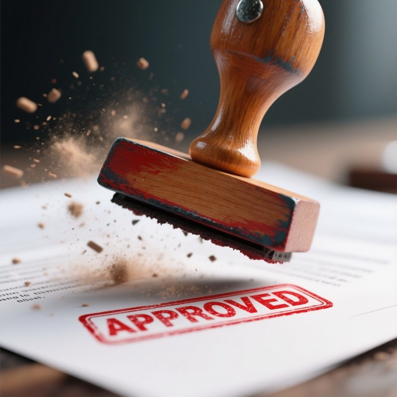 The Stamp: A Macro Shot Of A Heavy Wooden Rubber Stamp Hitting A Document, Dust Particles Flying, Leaving A Red "Approved" Mark On The Paper.