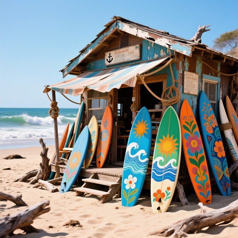 The Surf Shack Quirky Weathered Wooden Shack On The Beach Filled With Colorful Unbranded Surfboards Painted In A Rustic Folksy Style