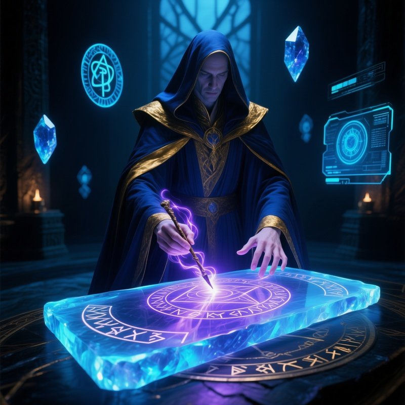 The Technomancer A Wizard In A Robe Using A Glowing Crystal Slate As A Tablet Tracing Runes To Upload A Spell