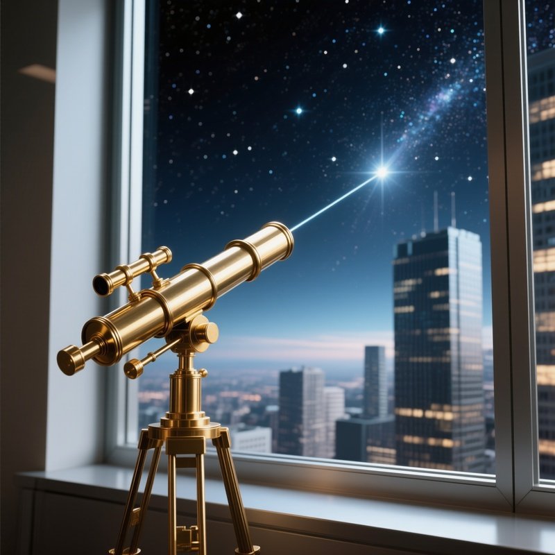 The Telescope: A Brass Telescope Pointing Out Of A High Rise Office Window Towards The Stars, Symbolizing Long Term Forecasting And Future Vision.