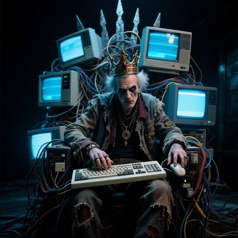 The Trash King Sitting On A Throne Made Of Old Crt Monitors And Tangled Cables Typing On A Keyboard Missing Half Its Keys
