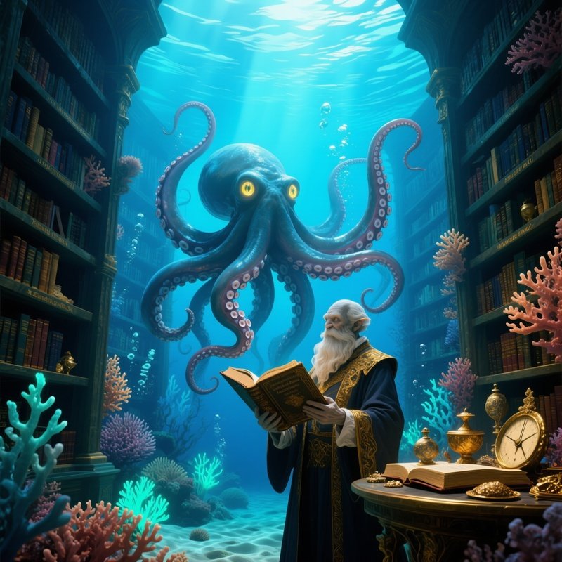 The Underwater Library Books On Scales Librarian Octopus