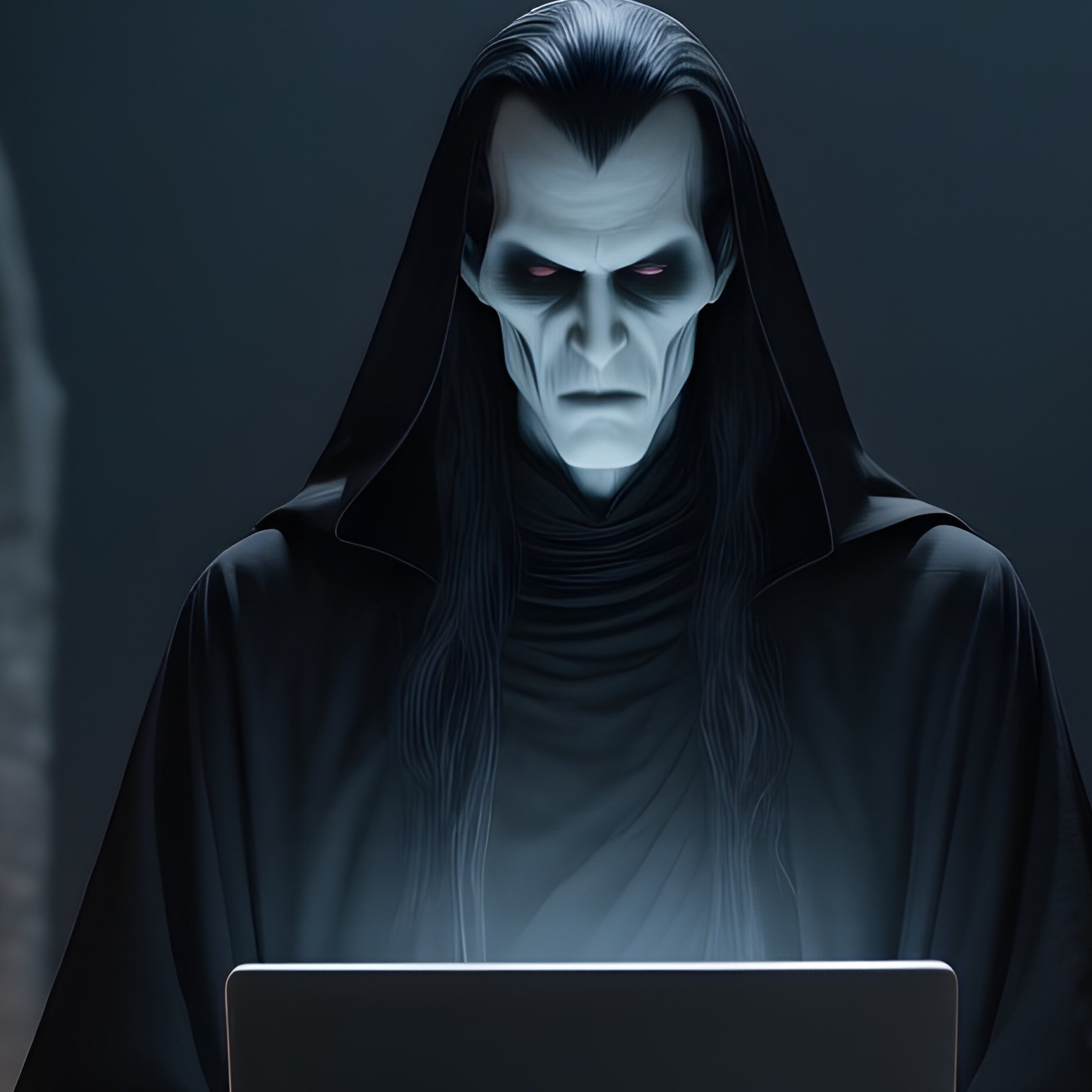 The Vampire Night Shift A Pale Figure Sitting In A Crypt With A Laptop - Full Resolution Quality Preview