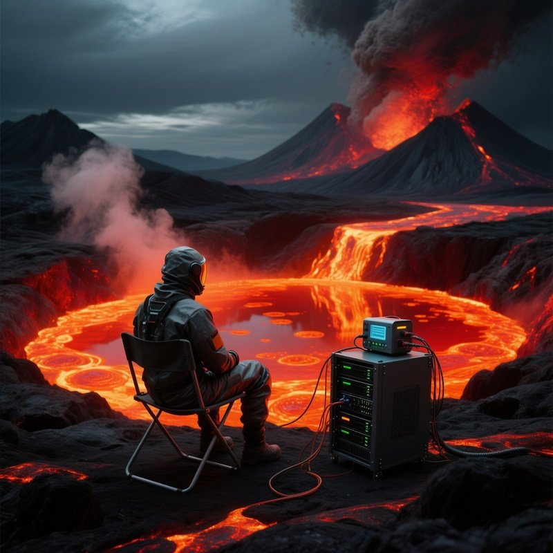 The Volcano Chaser Sitting On A Folding Chair On The Edge Of An Active Lava Lake Using The Heat Of The Magma To Power A Thermoelectric Generator For Their Server Rack