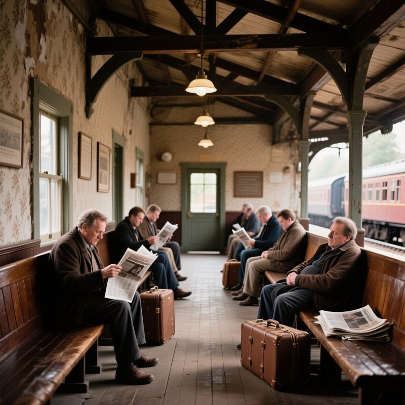 The Waiting Room A Candid Photo Of A Diverse Group Of Travelers Waiting On Wooden Benches In An Old Station Waiting Room Some Sleep On Luggage Others Read Newspapers