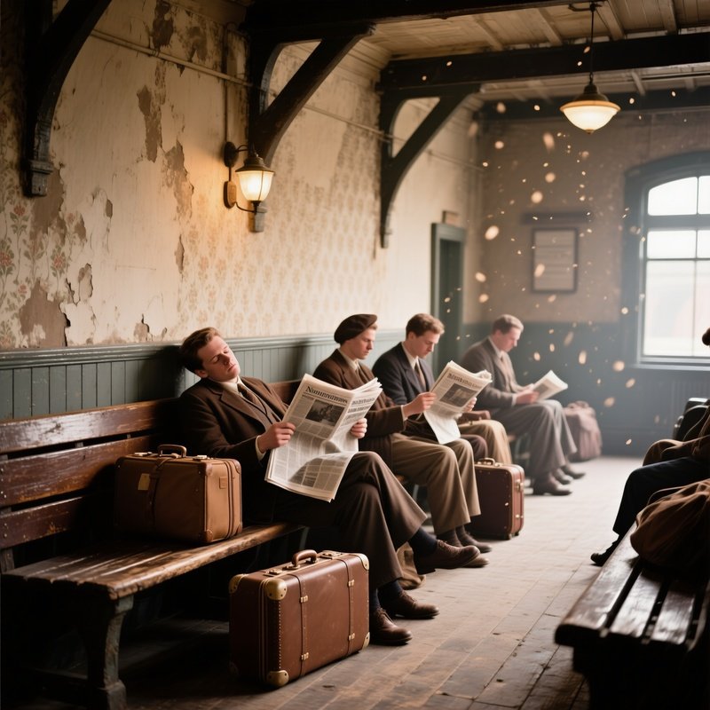 The Waiting Room A Candid Photo Of A Diverse Group Of Travelers Waiting On Wooden Benches In An Old Station Waiting Room Some Sleep On Luggage Others Read Newspapers