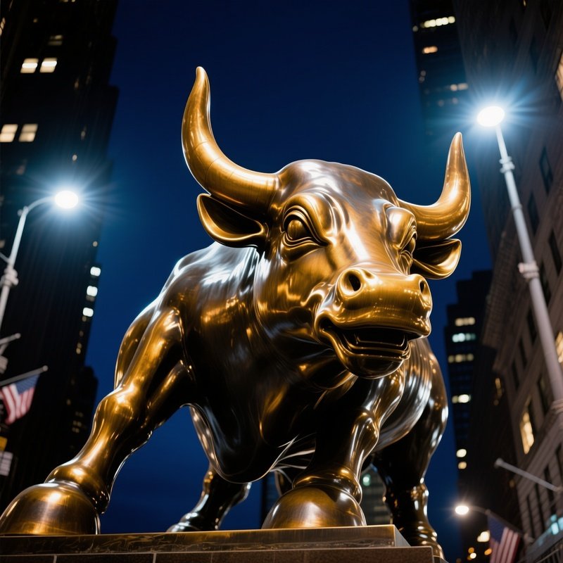 The Wall Street Bull Statue At Night Illuminated By Spotlights