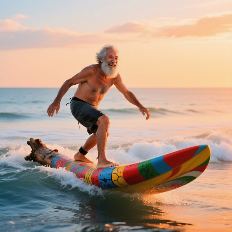 The Weekend Warrior Older Surfer Grey Beard Catching Wave On Colorful Log