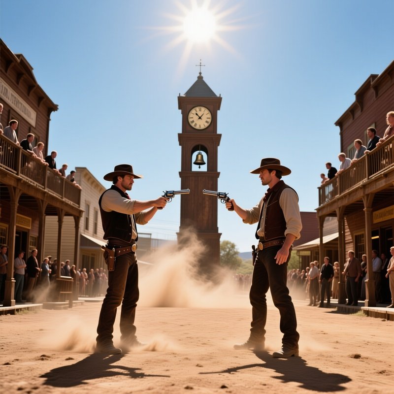 The Wild West Duel High Noon Town Square Clock Tower Chimes Signal To Draw