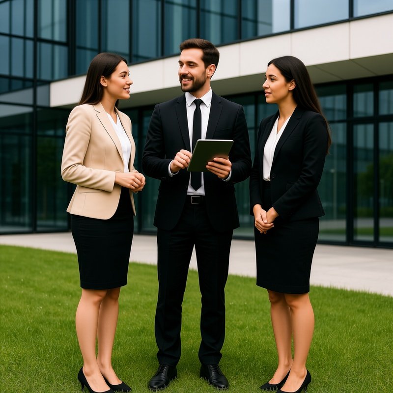 Three Business Professionals Interacting Outdoors Business