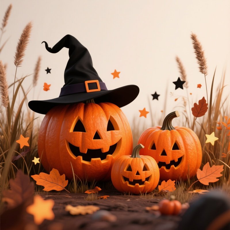 Three Carved Pumpkins With A Witchs Hat Halloween Pumpkins