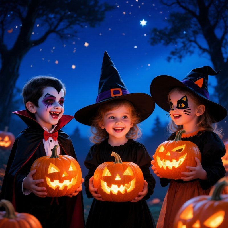 Three Children Dressed In Halloween Costumes Holding Carved