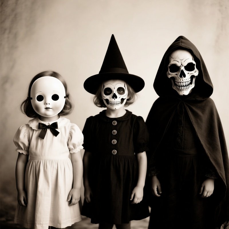 Three Children Dressed In Halloween Costumes And Masks Halloween