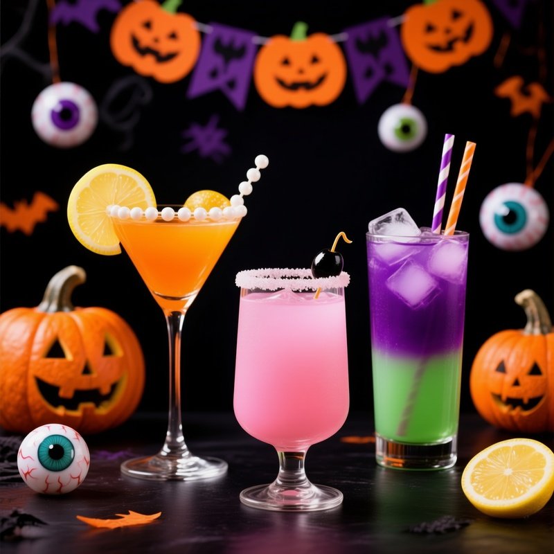 Three Colorful Cocktails Arranged On A Bar Counter Halloween
