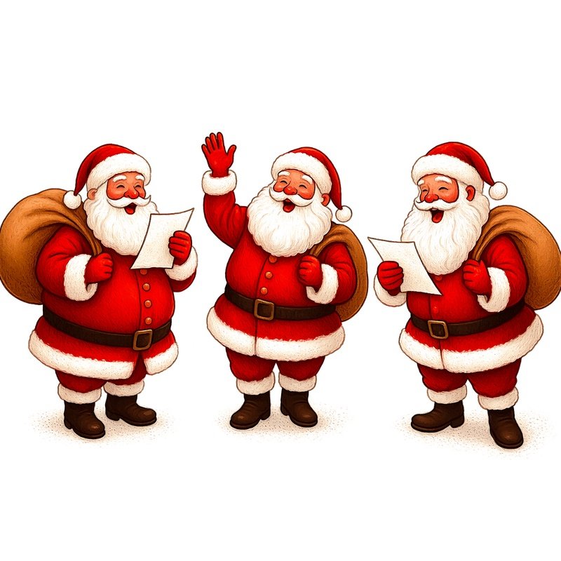 Three Depictions Of Santa Claus In Different Poses Santa Claus