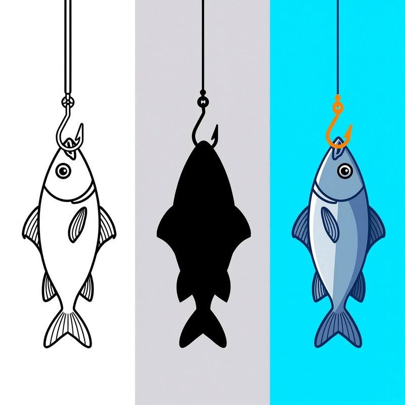 Three Different Styles Of Fish Illustrations On Hooks Fish