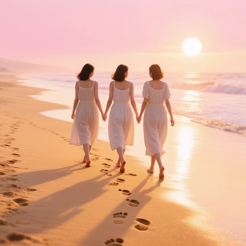 Three Friends Walking On Golden Beach 2