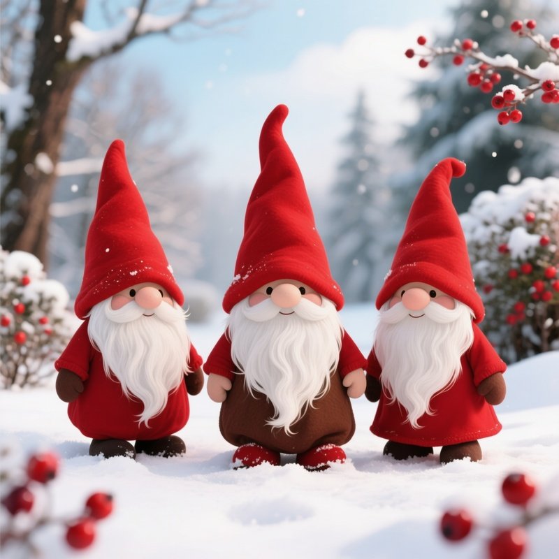 Three Gnomes In A Snowy Landscape Gnomes Winter