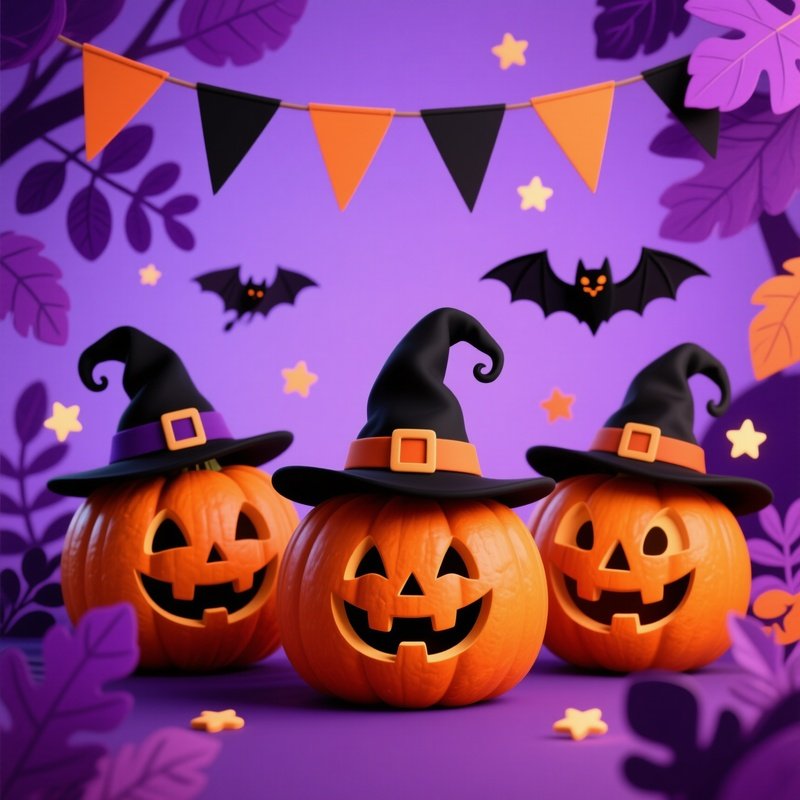 Three Illustrated Pumpkins Wearing Witch Hats Halloween Pumpkins