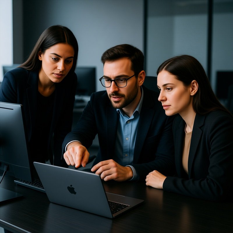 Three Individuals Collaborating Around A Computer Screen