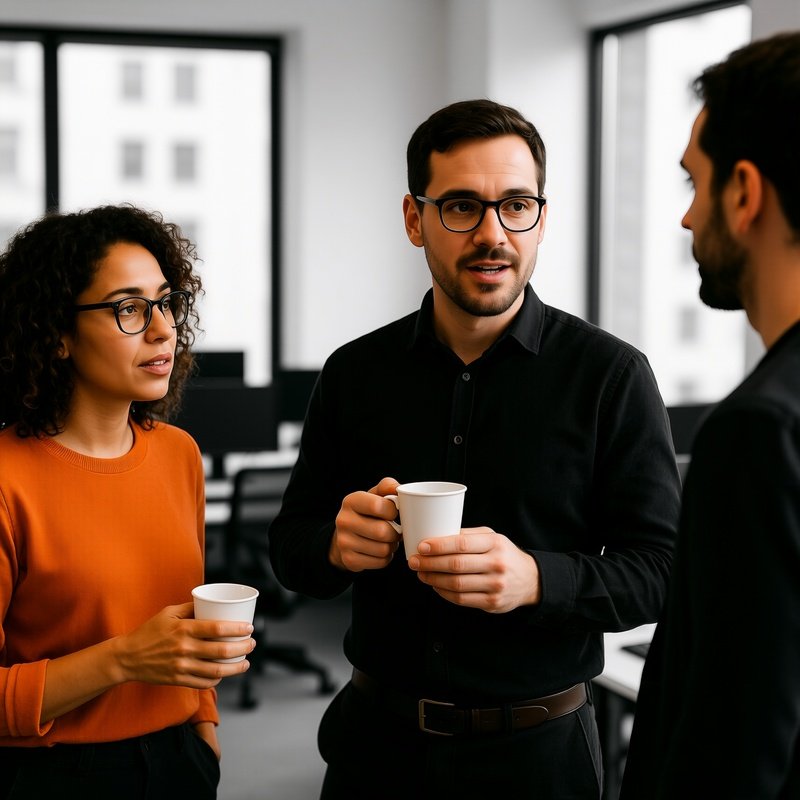 Three Individuals In An Office Setting Office Conversation