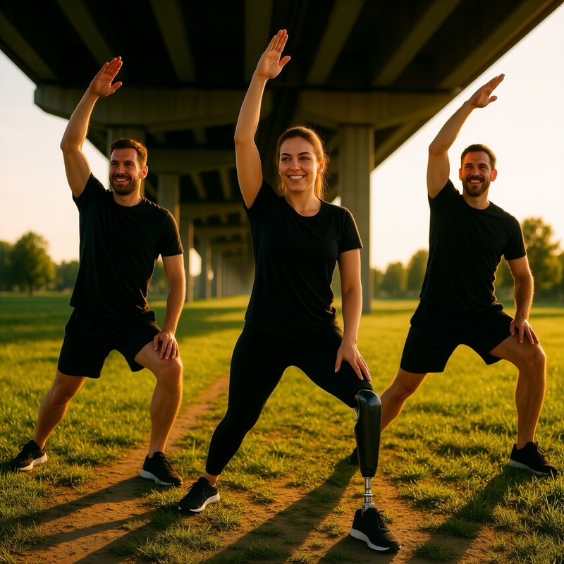 Three Individuals Stretching Outdoors Outdoor Exercise Inclusion