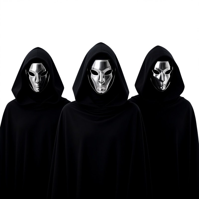 Three Individuals Wearing Black Cloaks And Metallic Masks Mystery