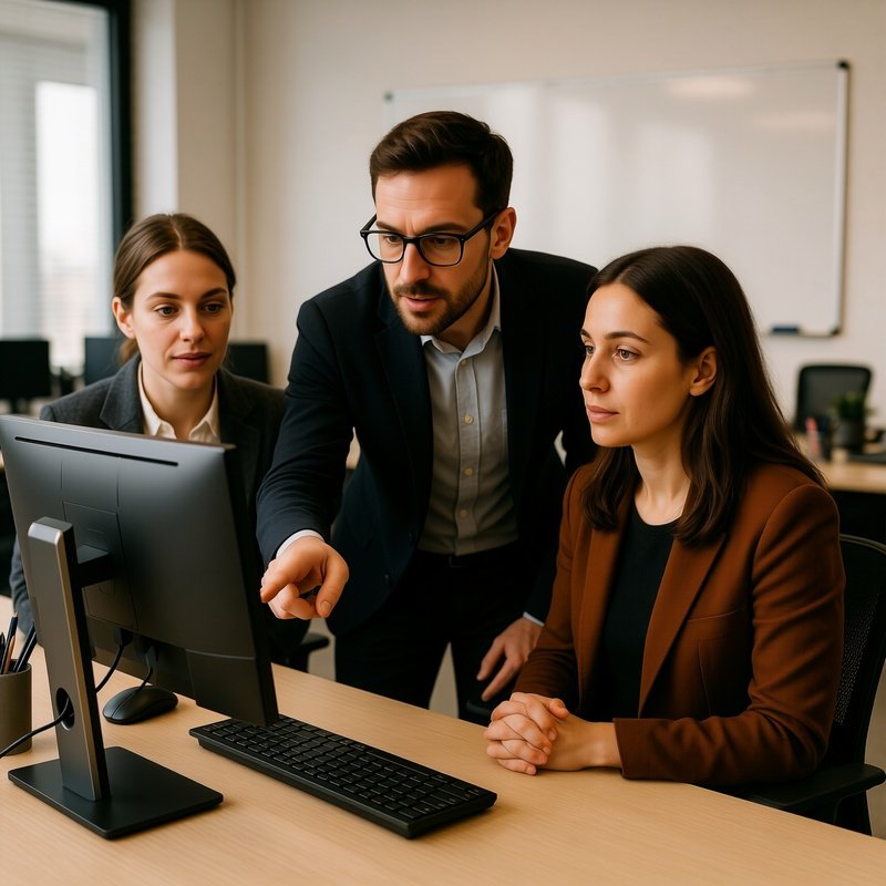 Three People Collaborating Around A Computer In An Office Setting