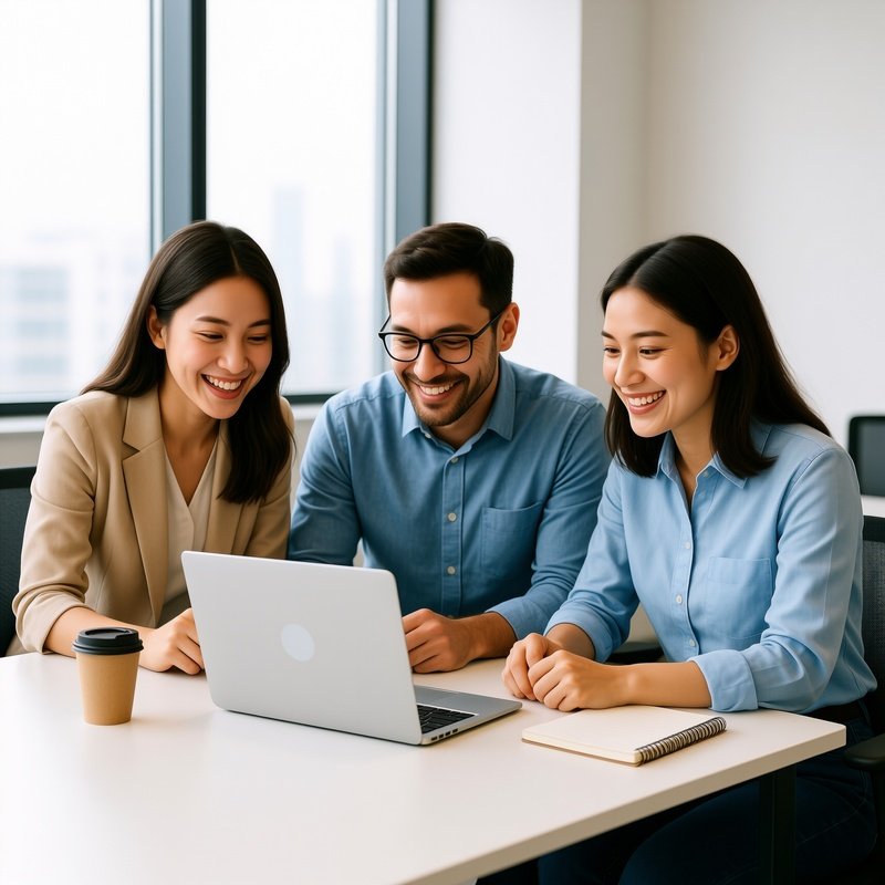 Three People Collaborating Around A Laptop In An Office Setting