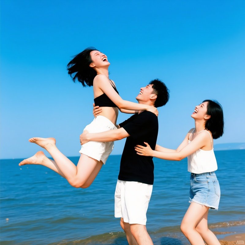 Three People Enjoying A Playful Moment By The Sea Beach Fun