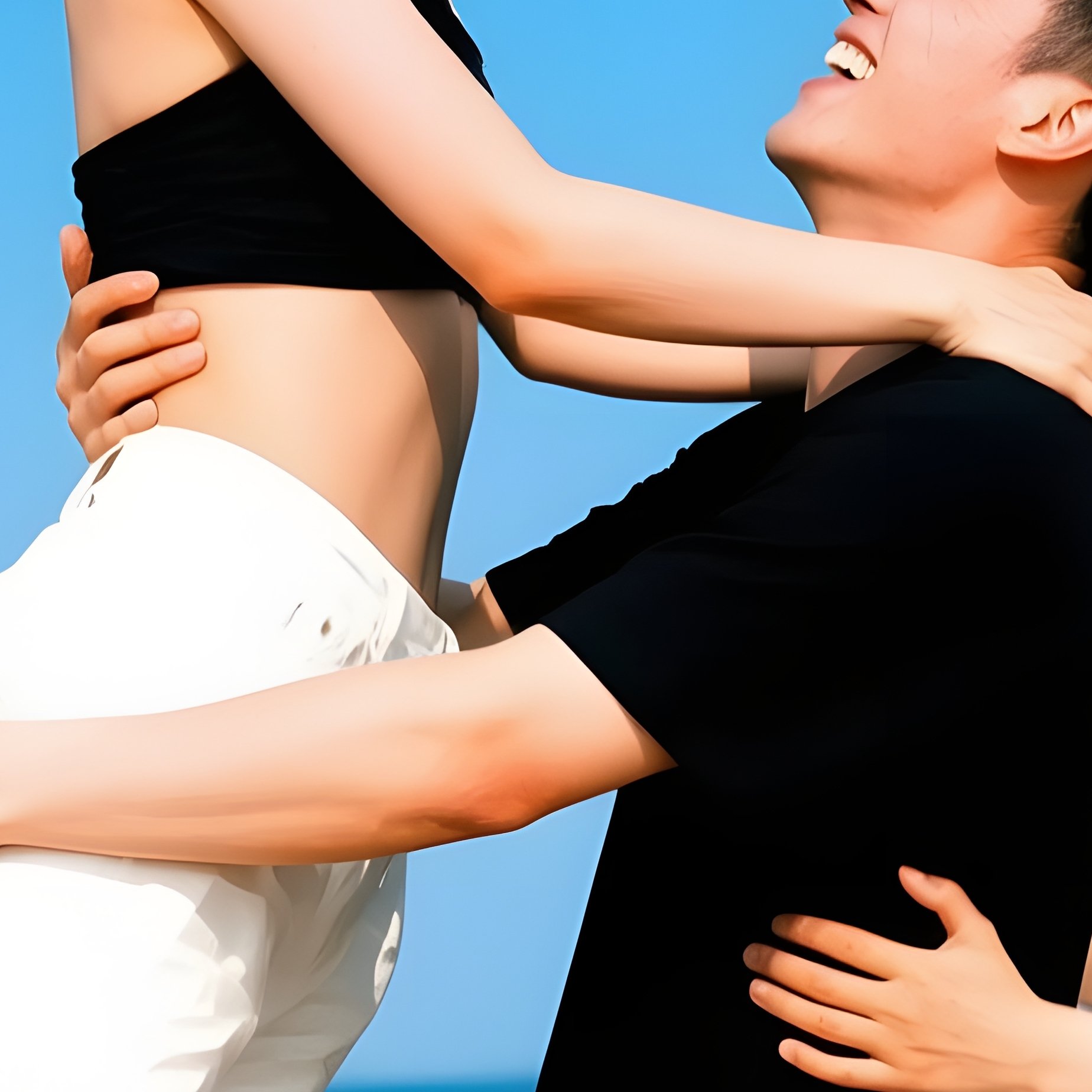 Three People Enjoying A Playful Moment By The Sea Beach Fun - Full Resolution Quality Preview