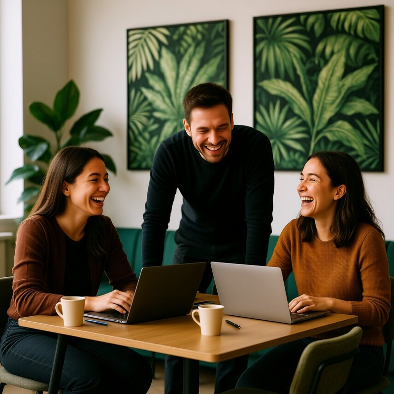 Three People Interacting In A Casual Office Setting Collaboration