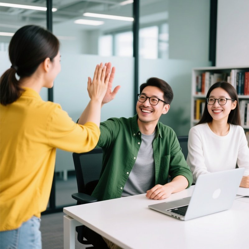 Three People Interacting In An Office Setting Office Collaboration