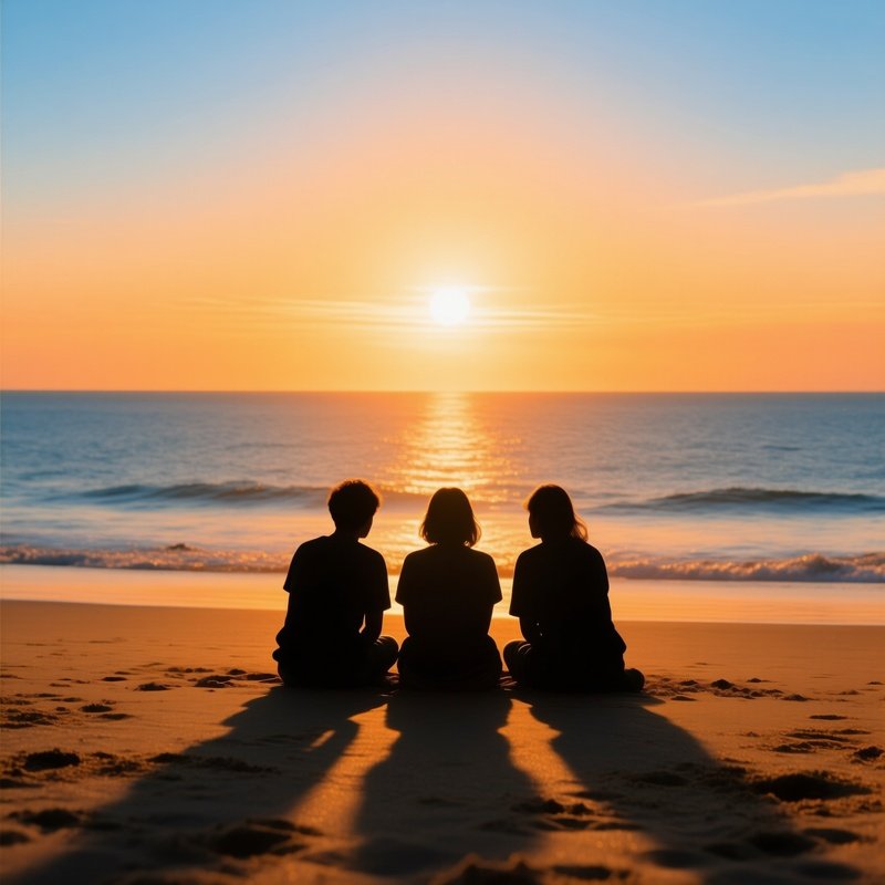 Three People Sitting On A Beach At Sunset Sunset Beach