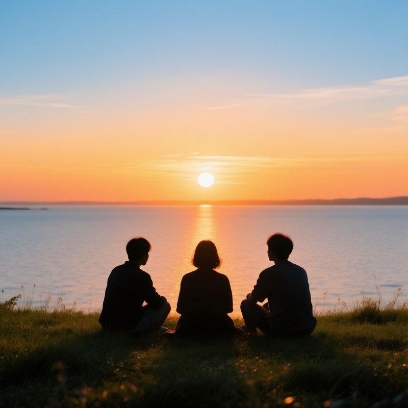 Three People Sitting Together Facing A Sunset Sunset Silhouette