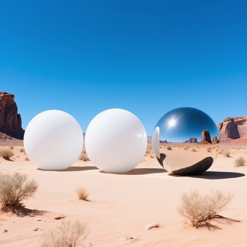 Three Reflective Spheres In A Desert Landscape Desert Spheres