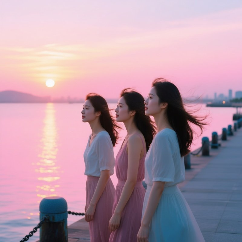 Three Women Waterfront Promenade Sunset