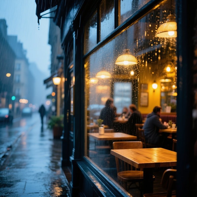 Through The Glass Warm Restaurant Rainy Night
