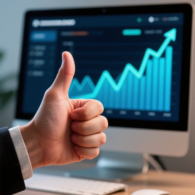 Thumbs Up: A Close Up Of A Hand Giving A Thumbs Up In Front Of A Computer Screen Displaying Rising Metrics, Representing Approval And Success.