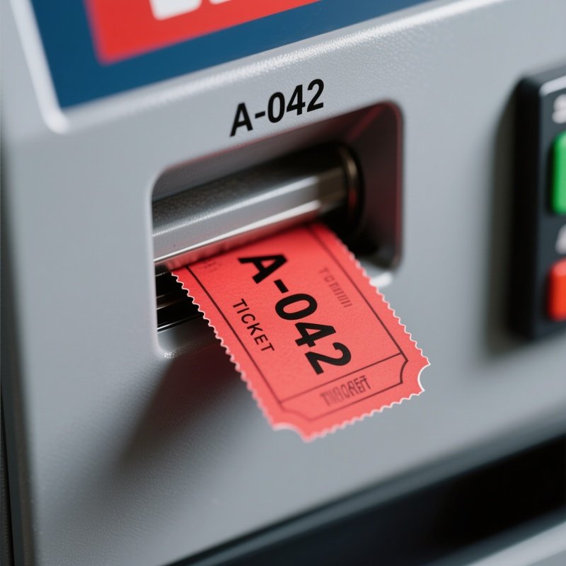 Ticket Machine: A Close Up Of A Red Paper Ticket Being Pulled From A Grey Dispenser Machine, Showing The Number "A 042" In Bold Black Ink.